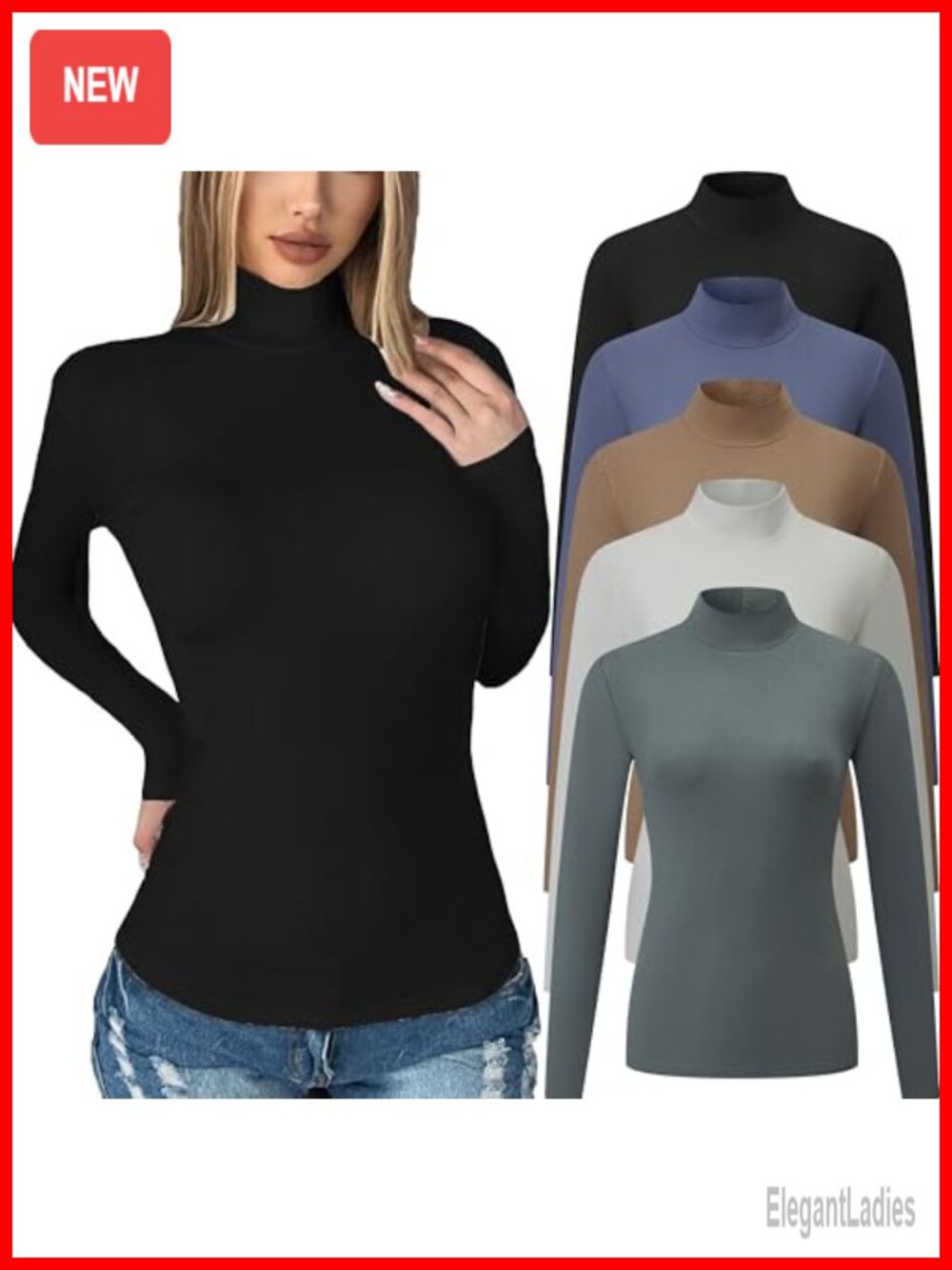 5 Pack Long Sleeve Mock Turtleneck Tops Cotton Spandex Slim Fit Base Layer